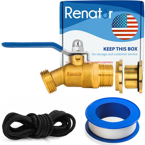 Renator brass rain barrel spigot kit main view with smooth 3/4 inch valve for easy watering.