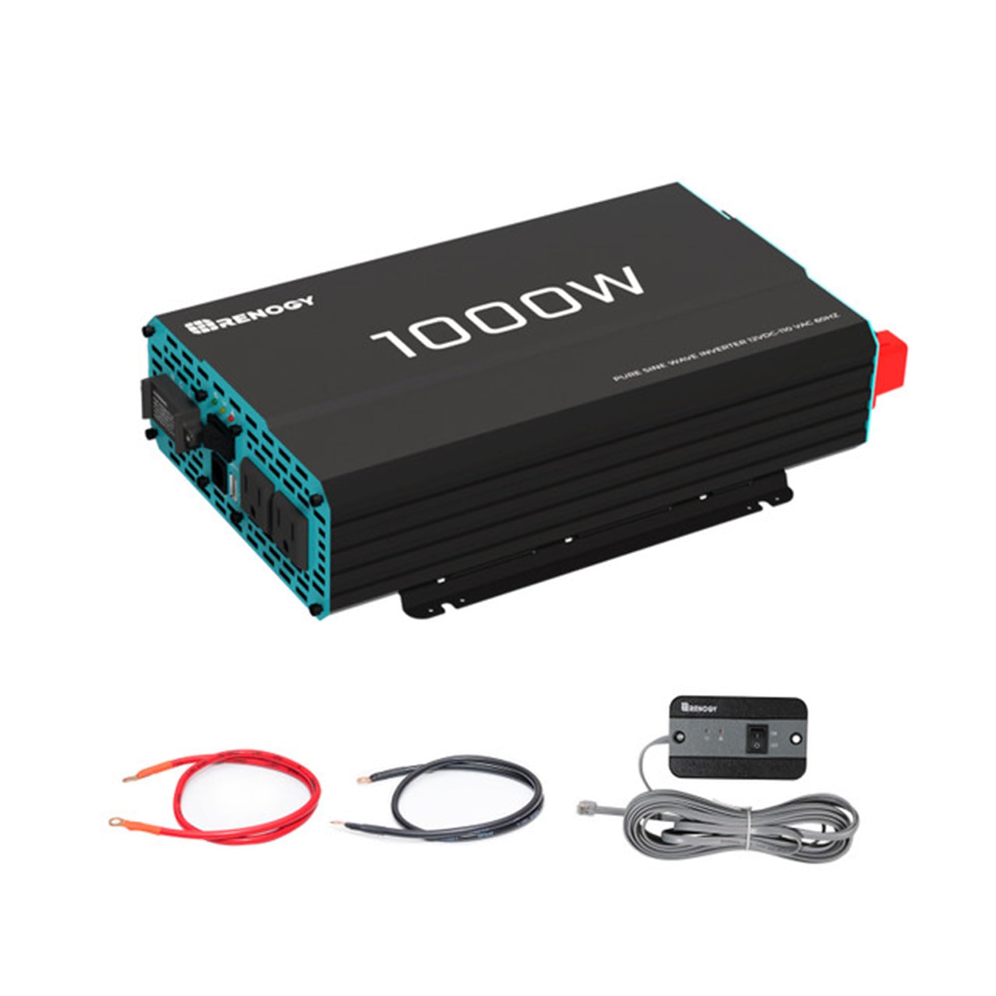 Renogy 1000W inverter front view shows compact design for portable off-grid power.