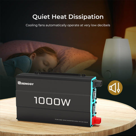 Renogy 1000W inverter in RV setup shows reliable off-grid electricity supply.
