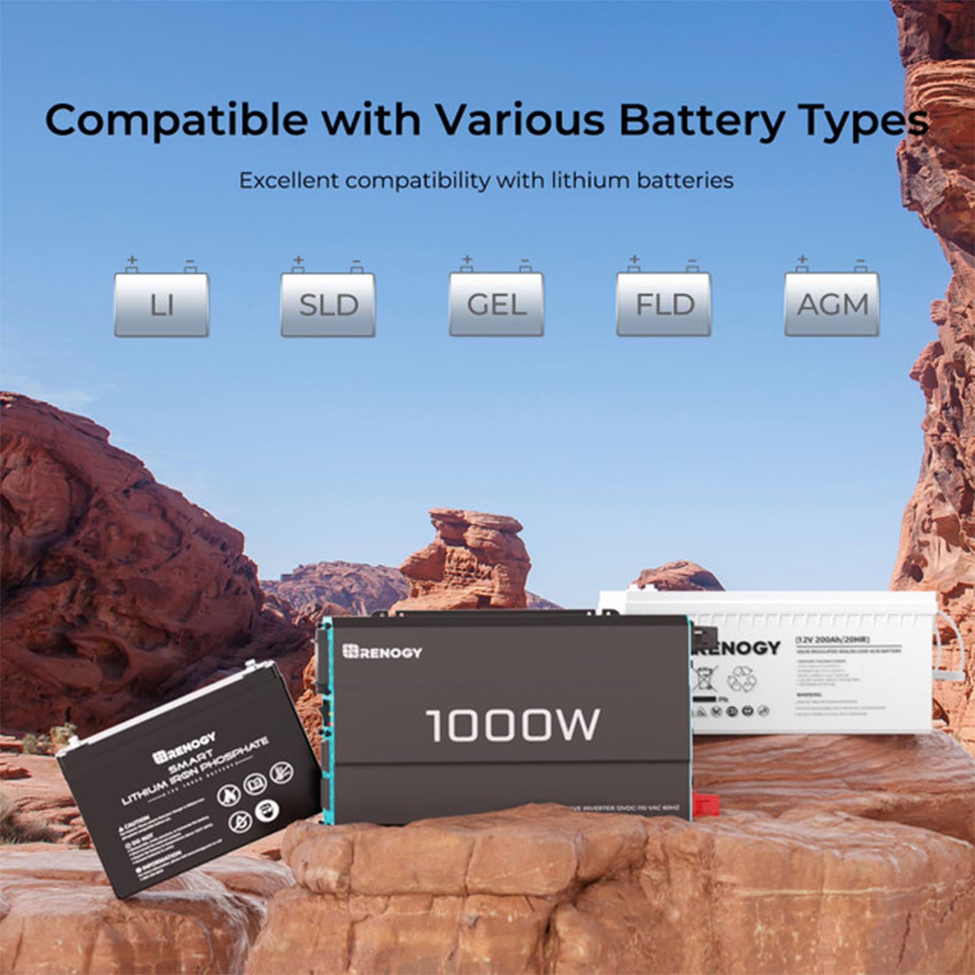 Renogy 1000W inverter remote controller image emphasizes convenient remote operation.