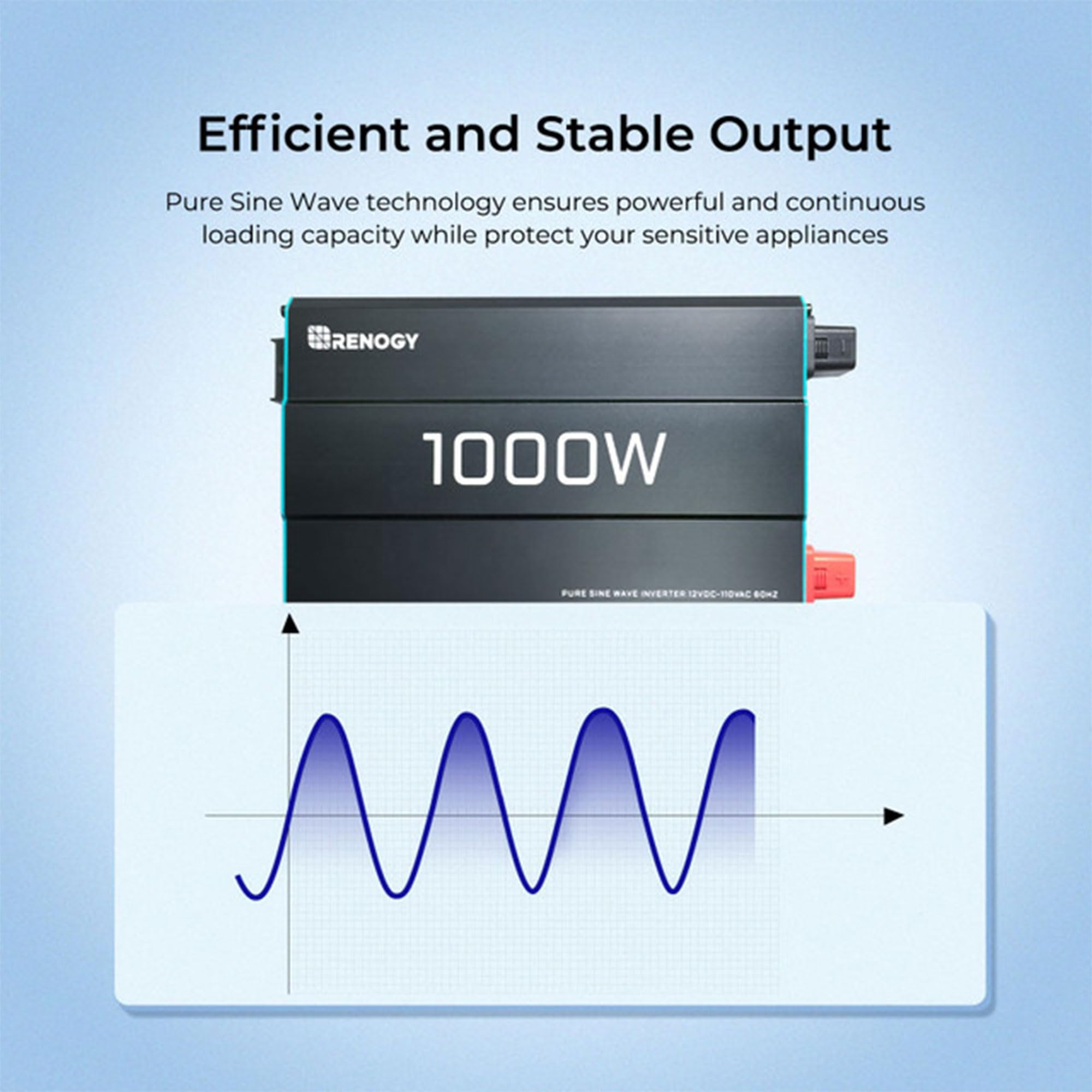 Renogy 1000W inverter side ports reveal dual outlets for versatile connections.