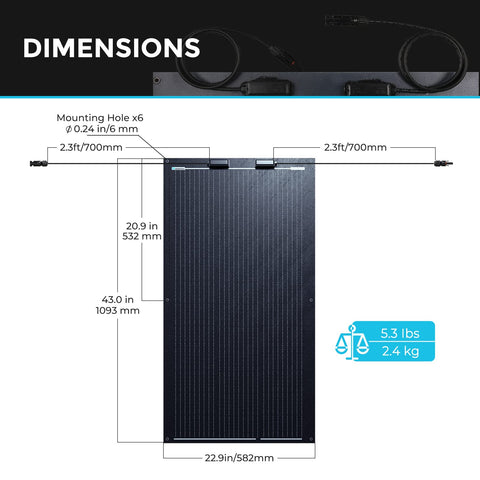 Renogy 100W flexible solar panel includes 2.3 ft cables for simple setup