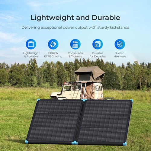 Renogy 100W portable solar panel unfolded with kickstands ready for RV power.