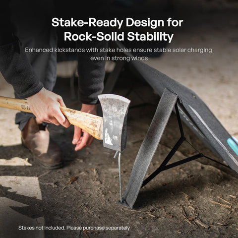 Renogy 200W foldable panel four kickstands stabilizing on uneven ground