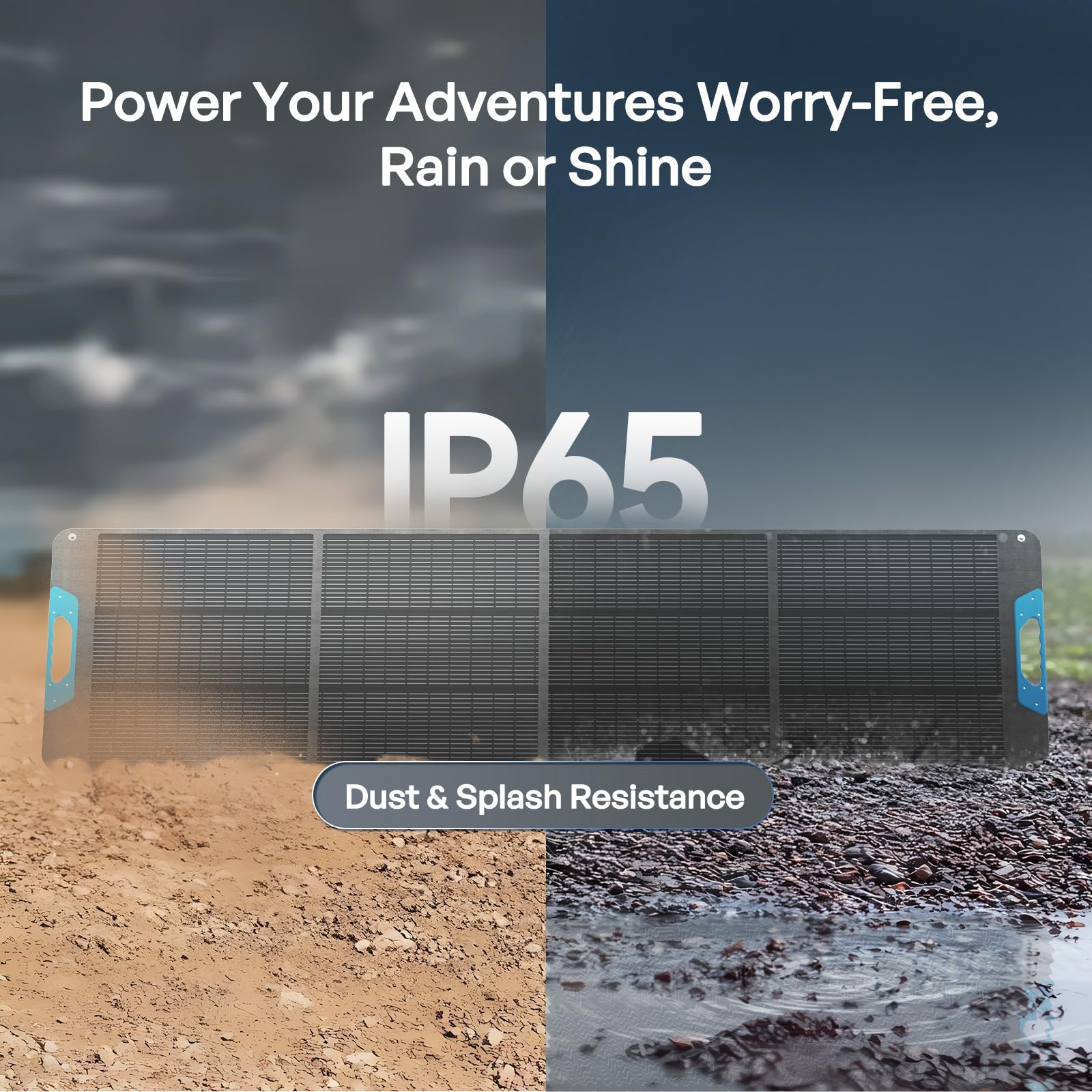 Renogy 200W foldable IP65 unit resisting dust and water during adventures