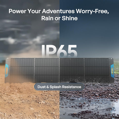 Renogy 200W foldable IP65 unit resisting dust and water during adventures