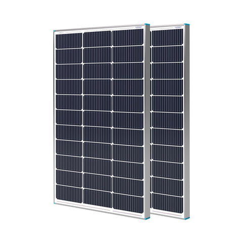 Renogy 2-pack 100W solar panels front view for off-grid RV and marine use.