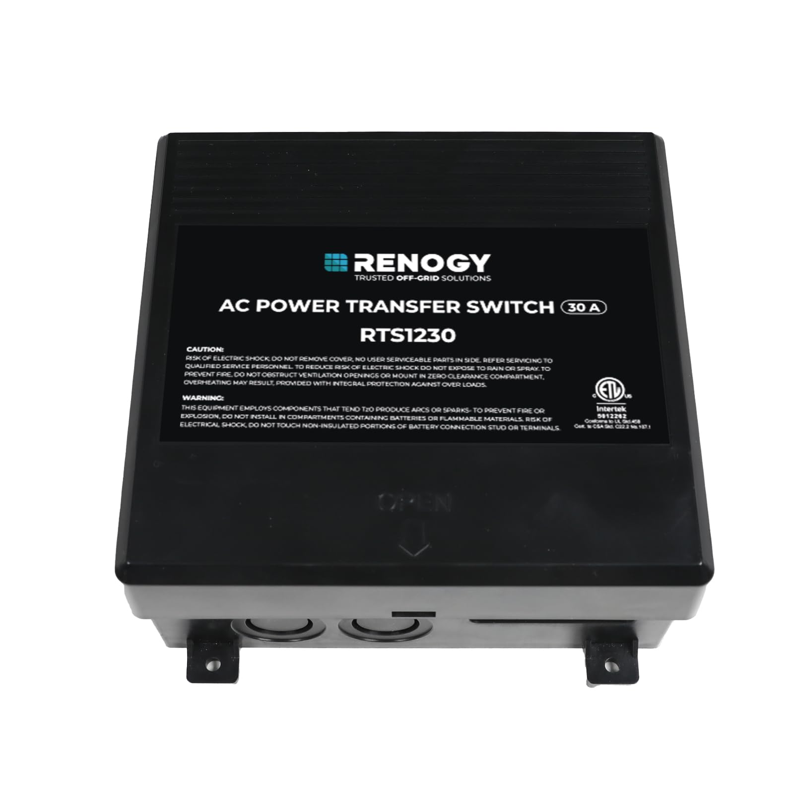 Renogy 30A transfer switch front view; compact enclosure supports reliable RV power switching.