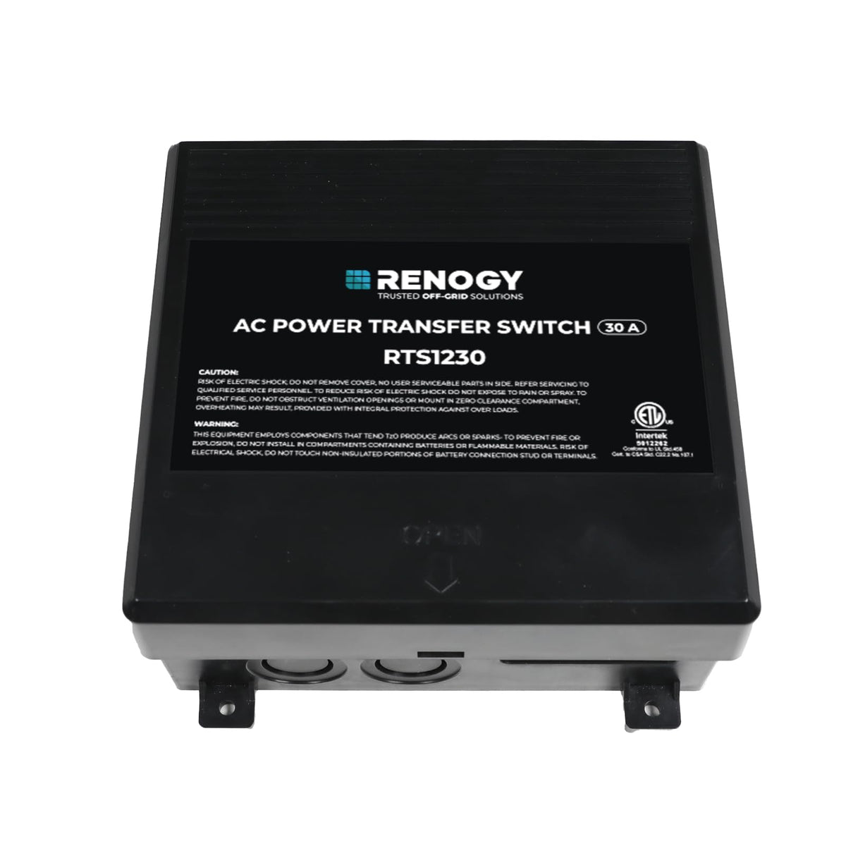 Renogy 30A transfer switch front view; compact enclosure supports reliable RV power switching.