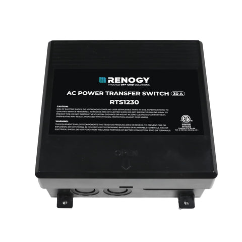 Renogy 30A transfer switch front view; compact enclosure supports reliable RV power switching.