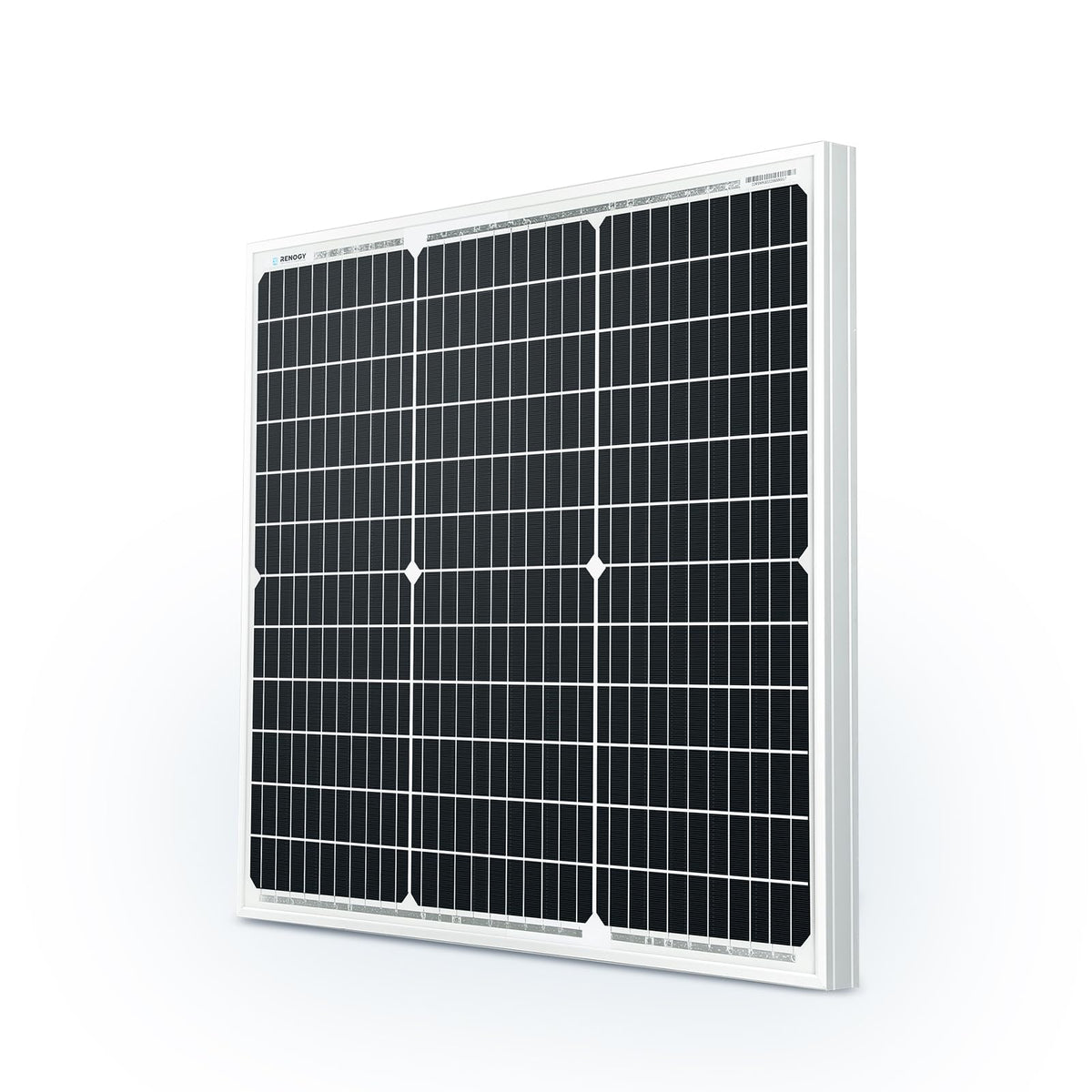Renogy 50W mono solar panel front view demonstrates compact efficiency for off-grid use.