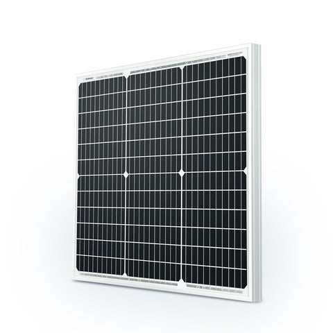 Renogy 50W mono solar panel front view demonstrates compact efficiency for off-grid use.