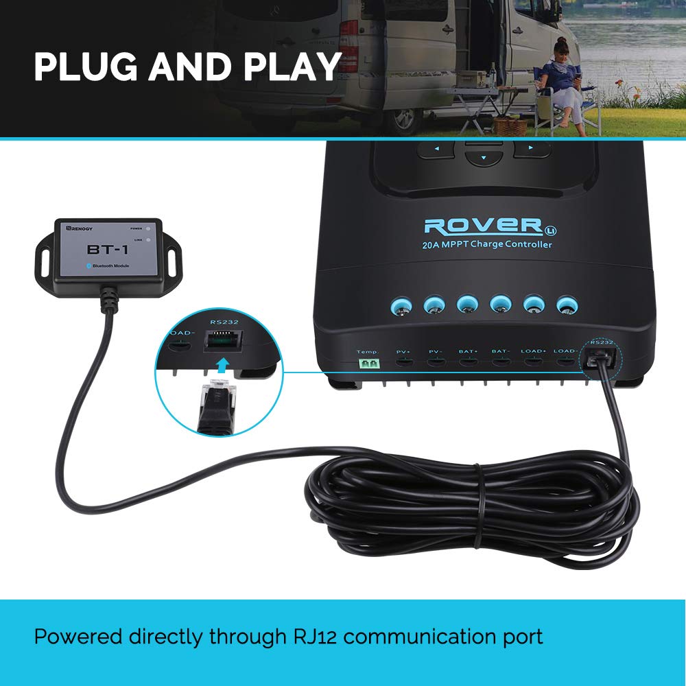 Renogy BT-1 LED indicators display power and Bluetooth status at a glance.