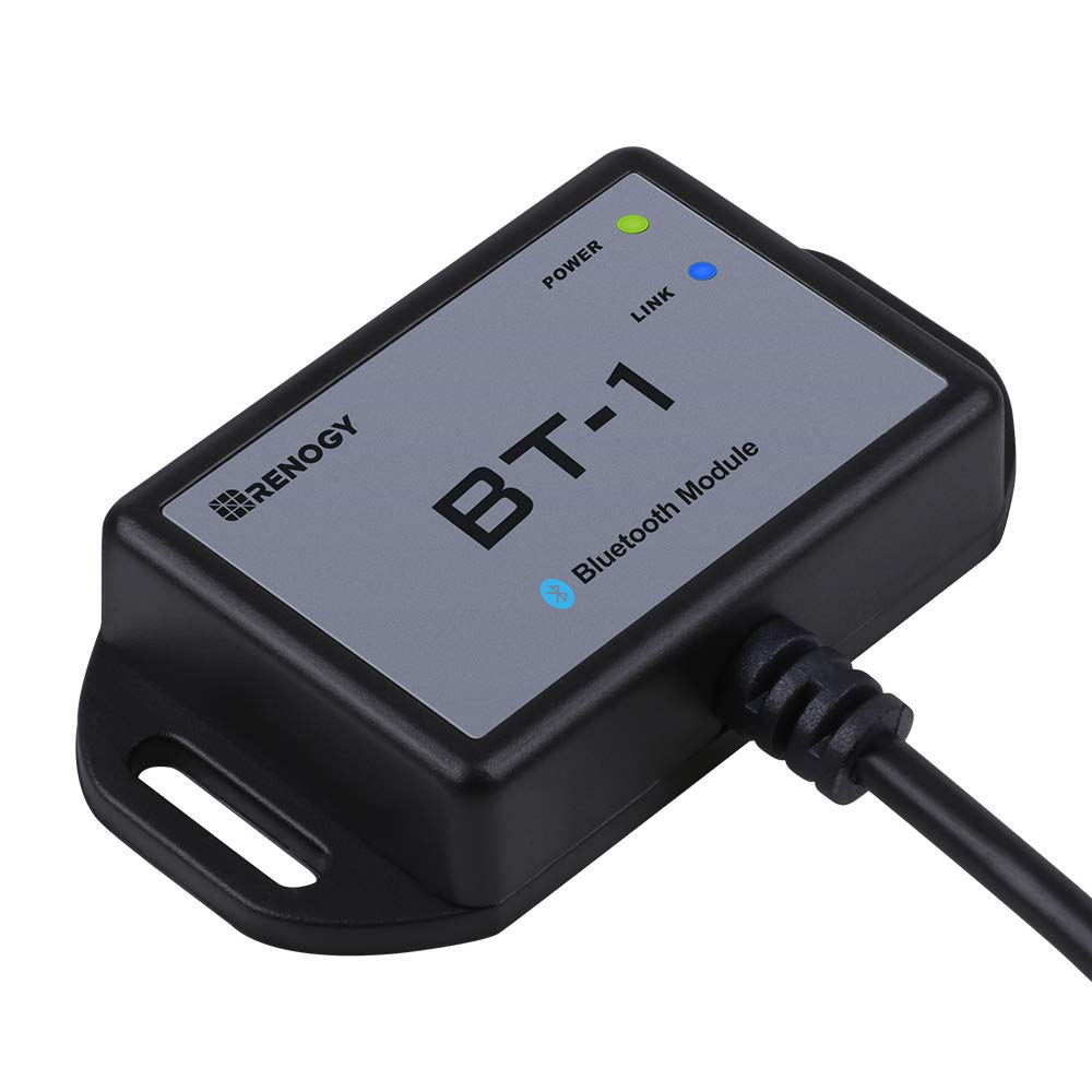 Renogy BT-1 module ready for RJ12 port enabling wireless control.