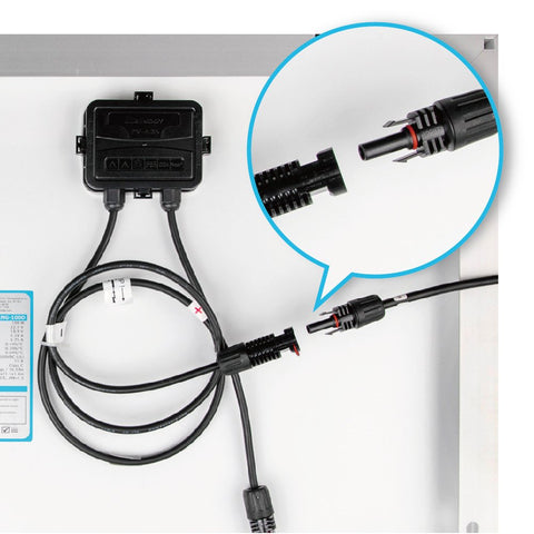 Dual-connectors on Renogy cable simplify connecting panel to charge controller in off-grid setups.