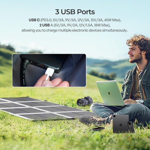 Renogy blanket deployed on ground catching sunlight for simultaneous device charging