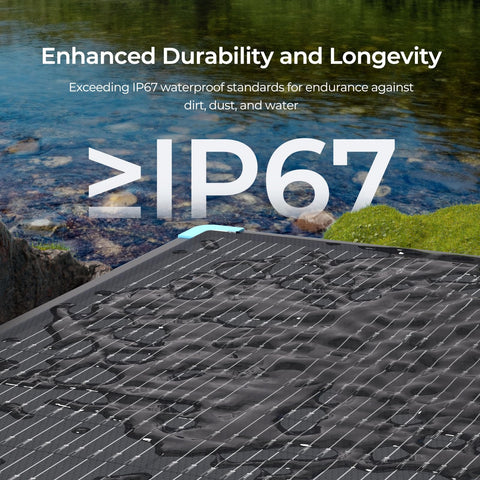 Renogy IP67 waterproof coating on rugged panel withstands all weather.