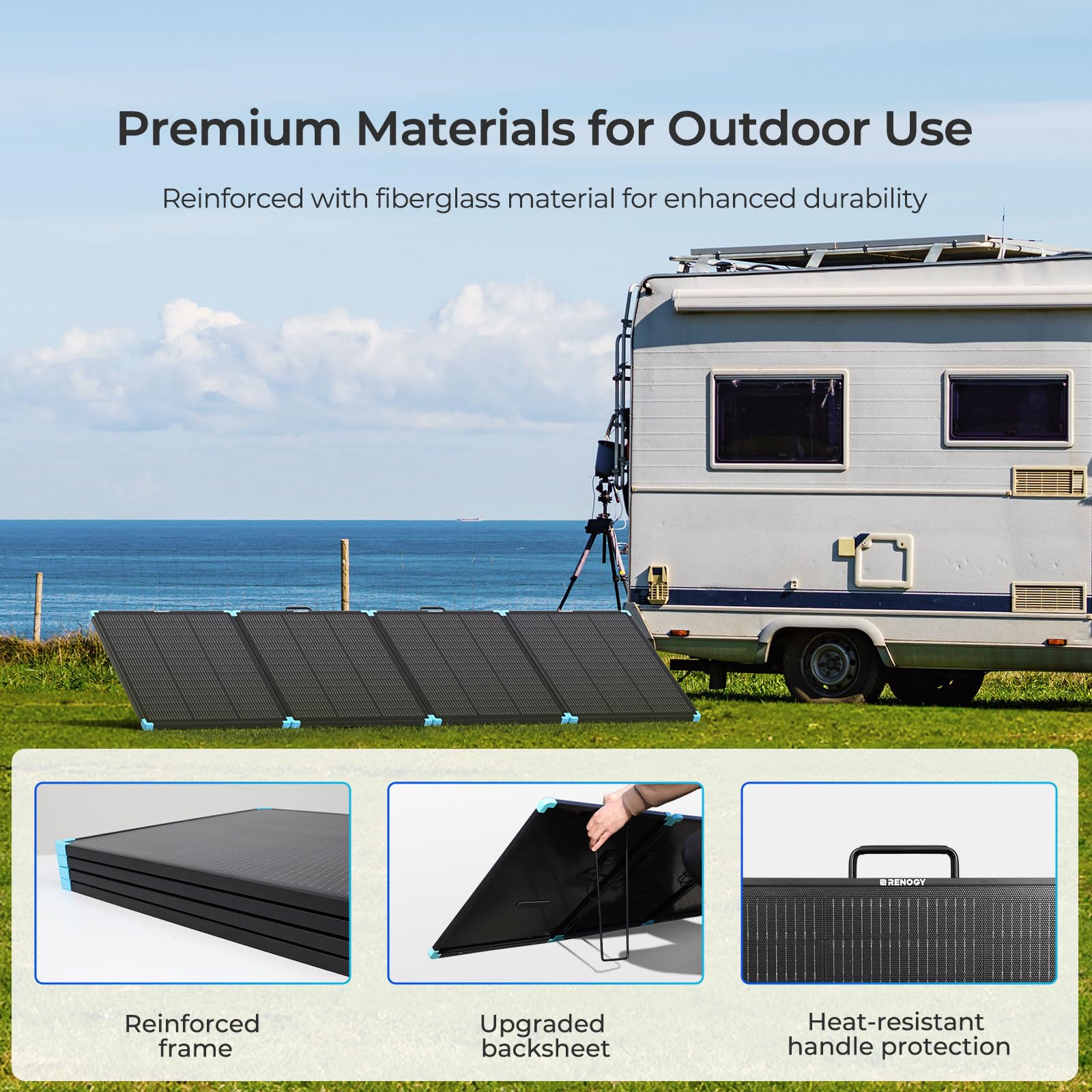 Renogy 18.74 lb compact panel folded, ready for camping.