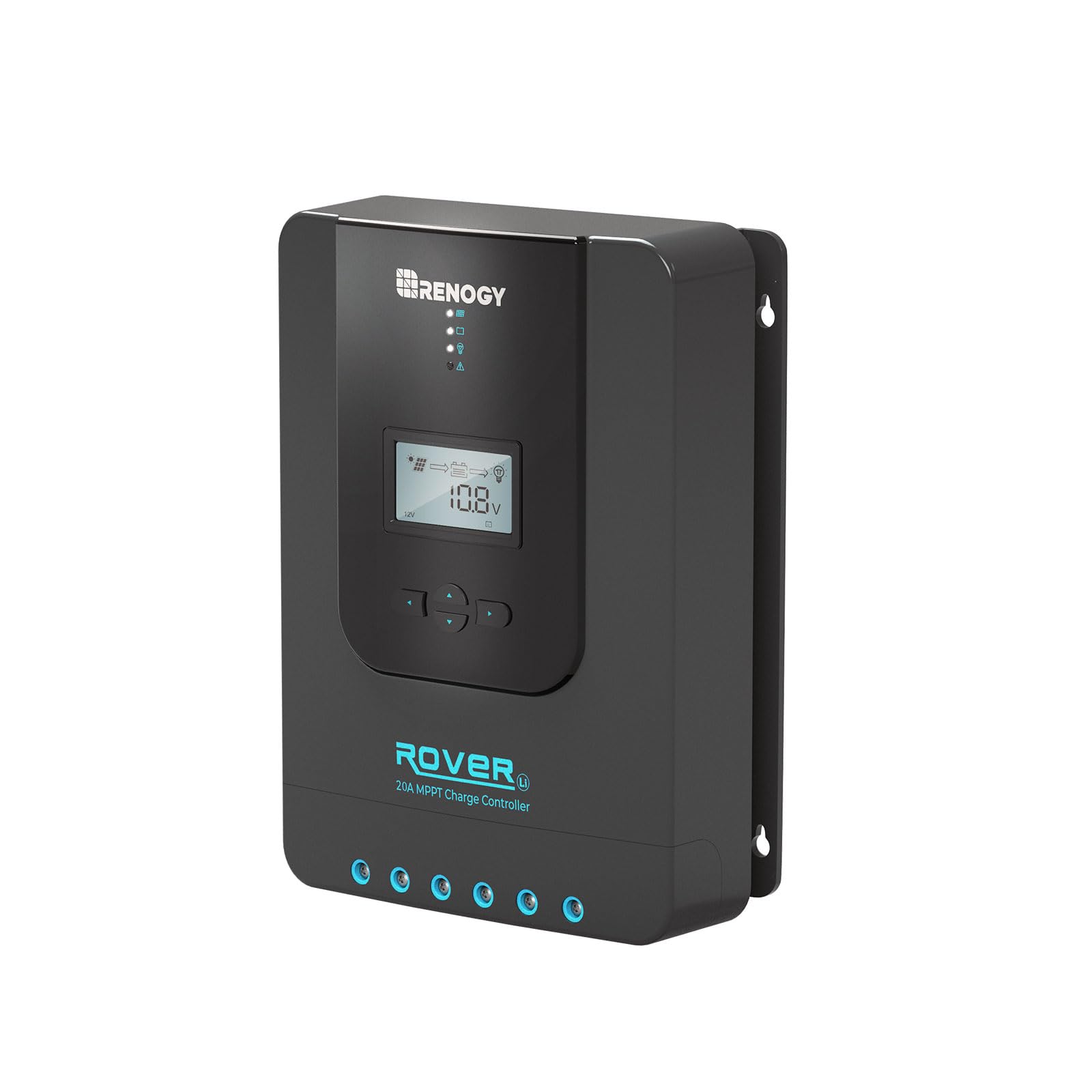 Renogy Rover 20A MPPT controller front view optimizes solar charging for RVs