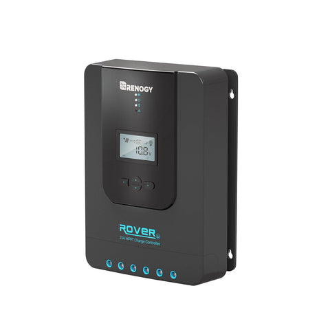 Renogy Rover 20A MPPT controller front view optimizes solar charging for RVs