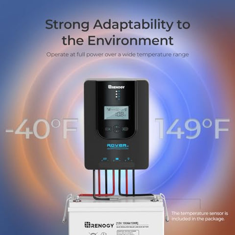 Renogy Rover 40A BT module enables wireless monitoring via the Renogy DC Home app.