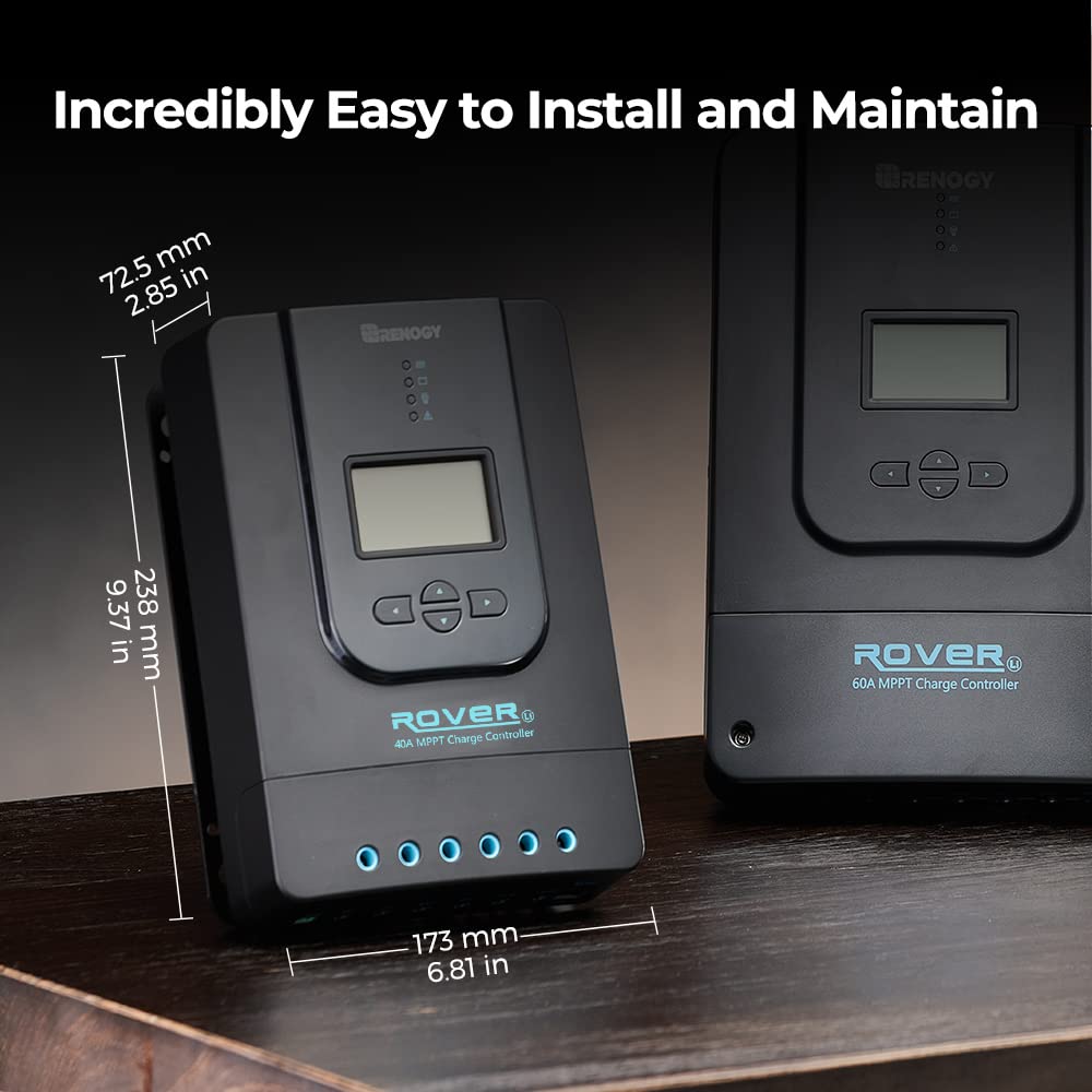Renogy Rover 40A BT-ready monitoring enables app-based alerts and remote tracking.