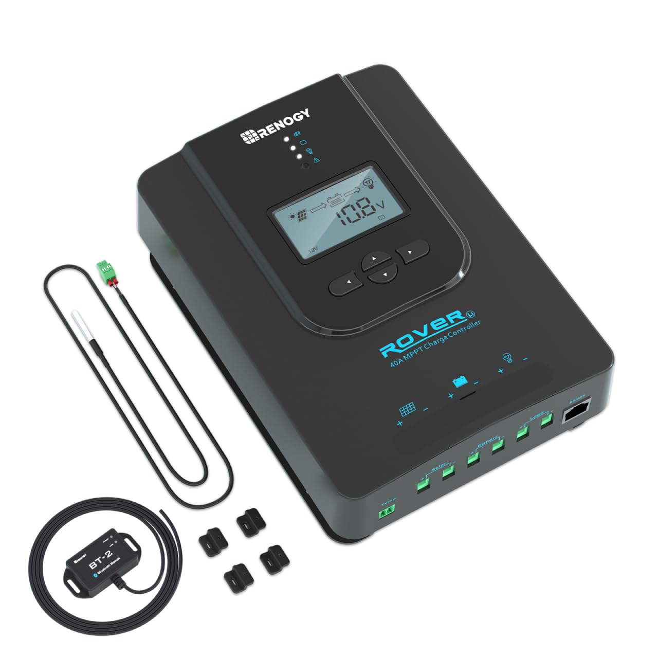 Renogy Rover 40A front view with Bluetooth display for reliable off-grid monitoring.