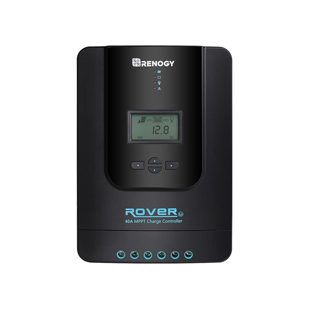Renogy Rover 40A MPPT display provides real-time monitoring of voltage and current.