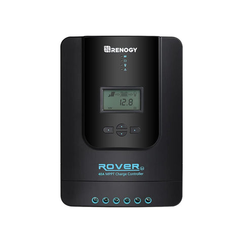 Renogy Rover 40A MPPT display provides real-time monitoring of voltage and current.
