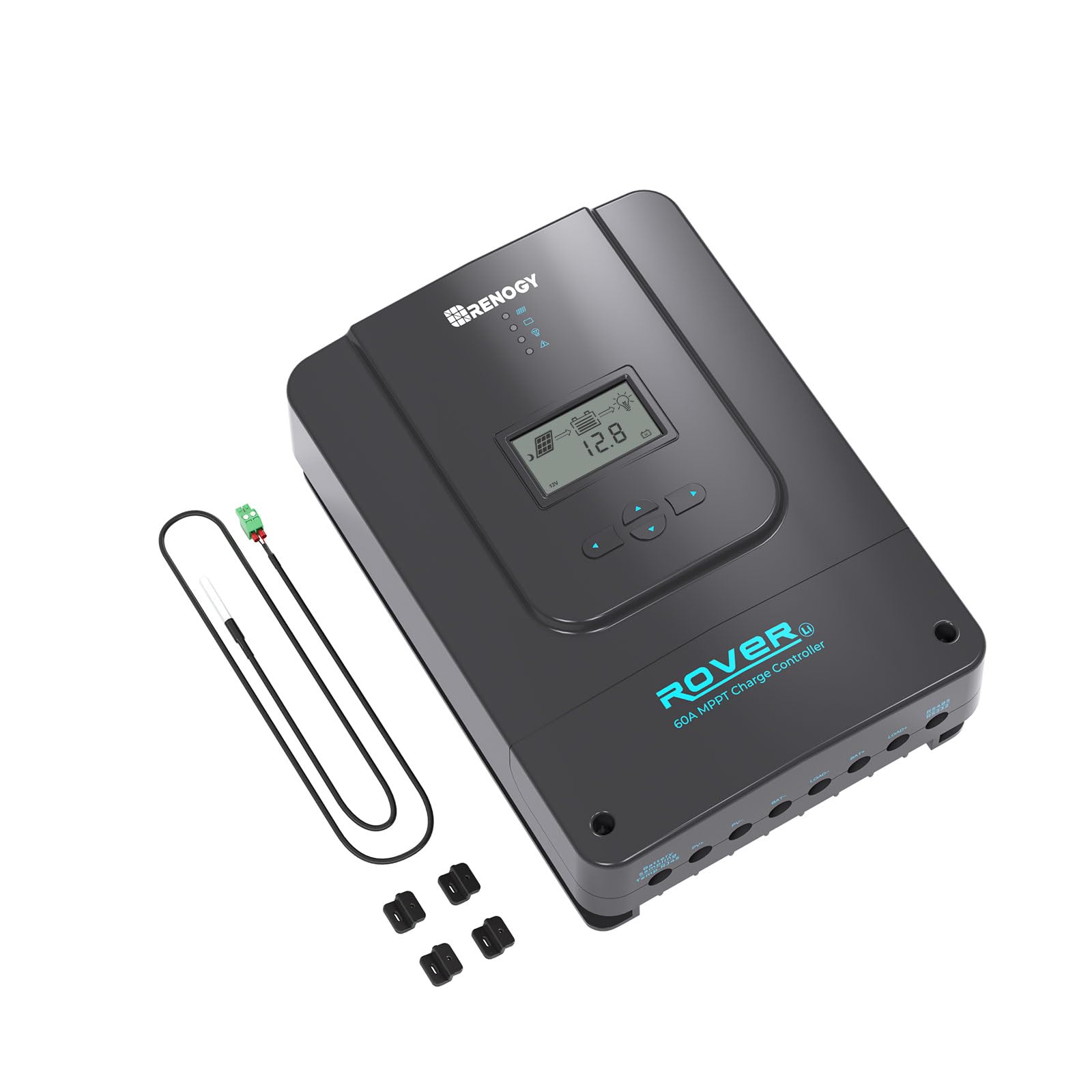 Renogy Rover 60A MPPT with LCD display showing real-time voltage and current.