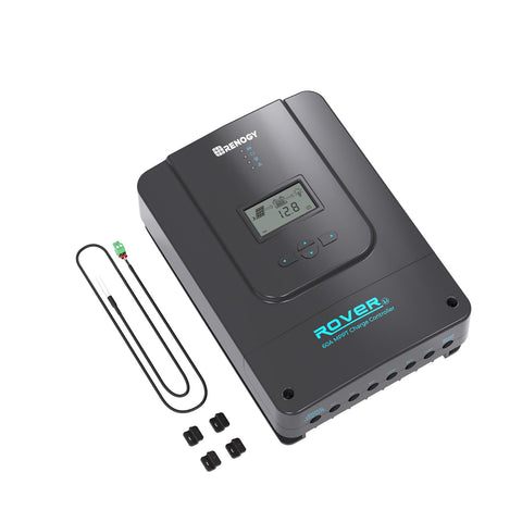 Renogy Rover 60A MPPT with LCD display showing real-time voltage and current.