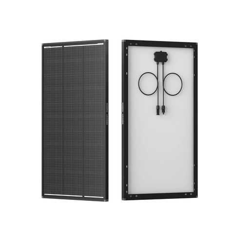 Renogy ShadowFlux 120W panel front view highlights efficiency and compact profile for small spaces.