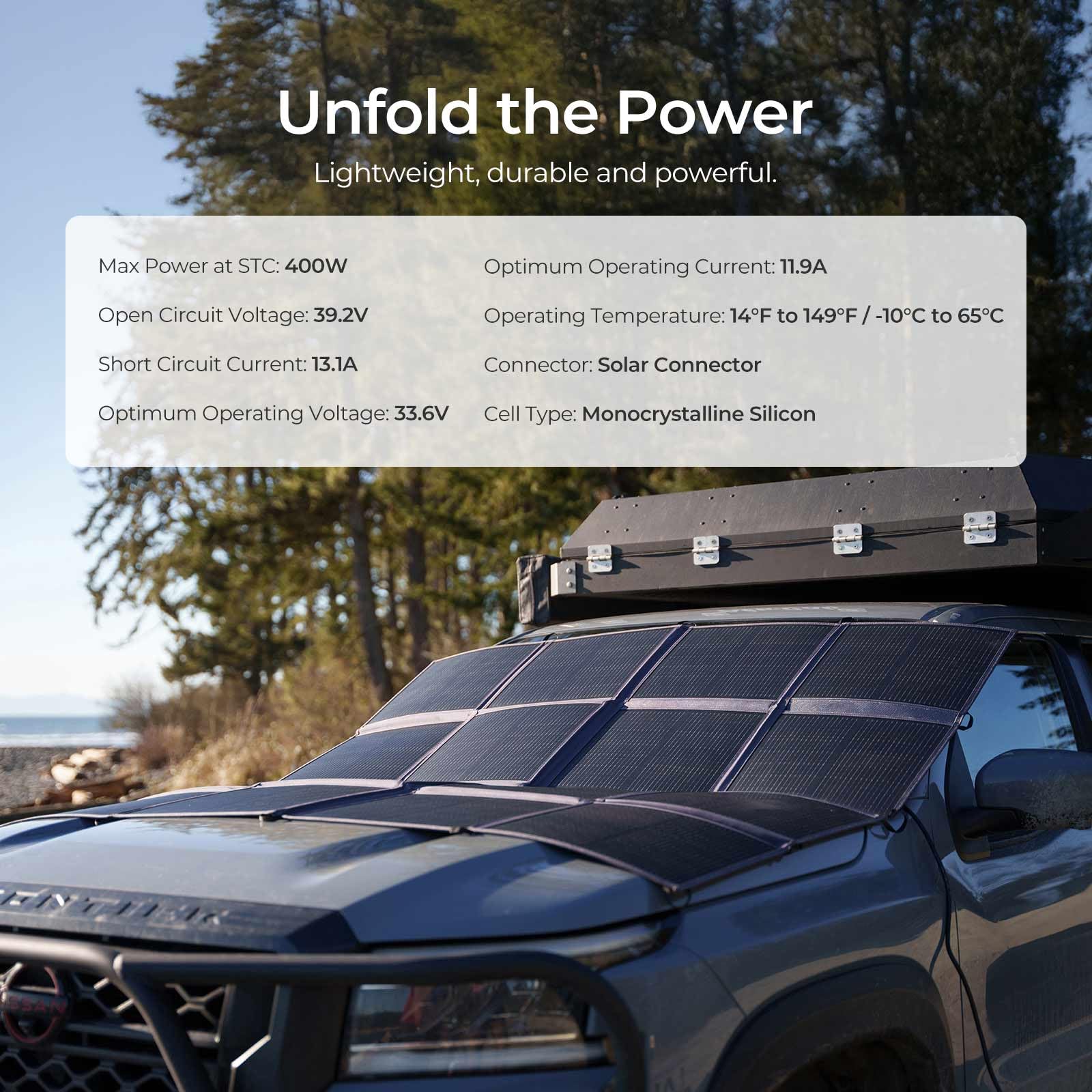 Renogy solar blanket laid across SUV windshield to charge while traveling