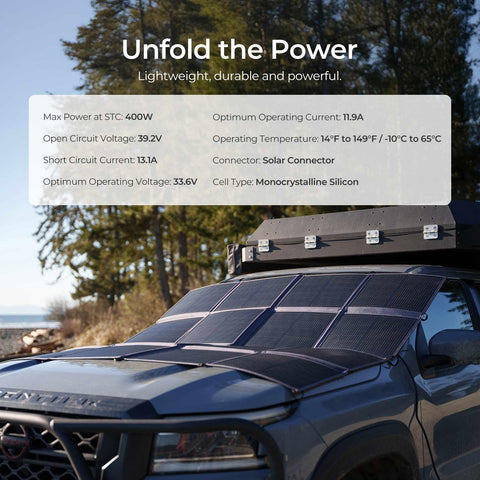Renogy solar blanket laid across SUV windshield to charge while traveling