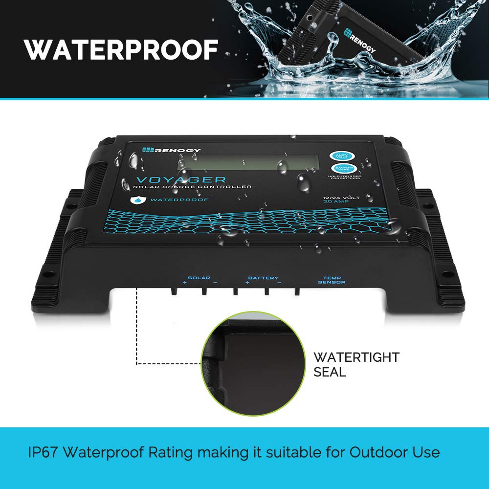 Renogy Voyager 20A IP67 enclosure demonstrates rugged, water-resistant protection for outdoor charging.