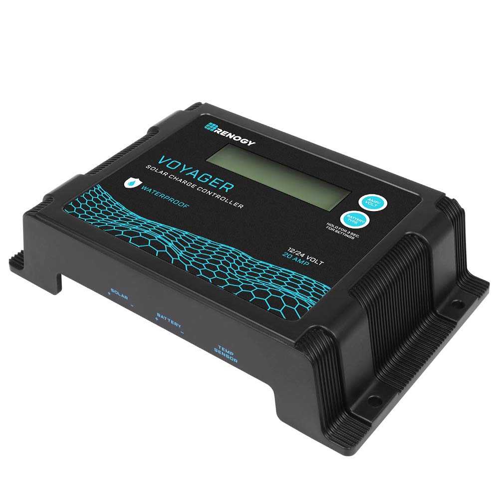 Renogy Voyager 20A LCD display shows charging status for easy monitoring.