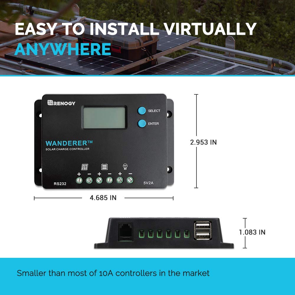 Renogy Wanderer 10A aluminum housing protects a rugged PWM controller in outdoor installations.