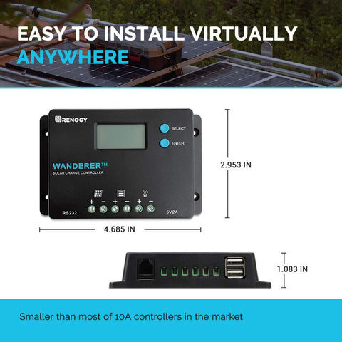 Renogy Wanderer 10A aluminum housing protects a rugged PWM controller in outdoor installations.