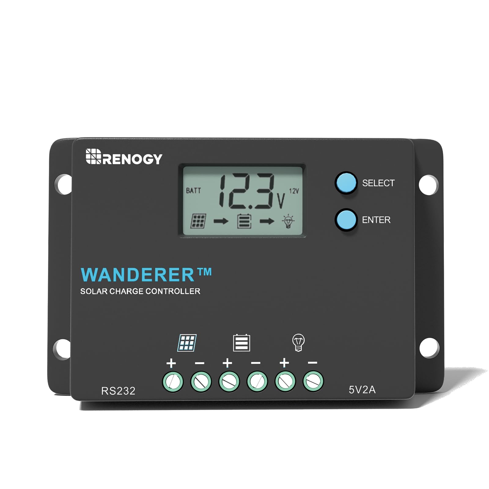 Renogy Wanderer 10A controller front view for RV installation