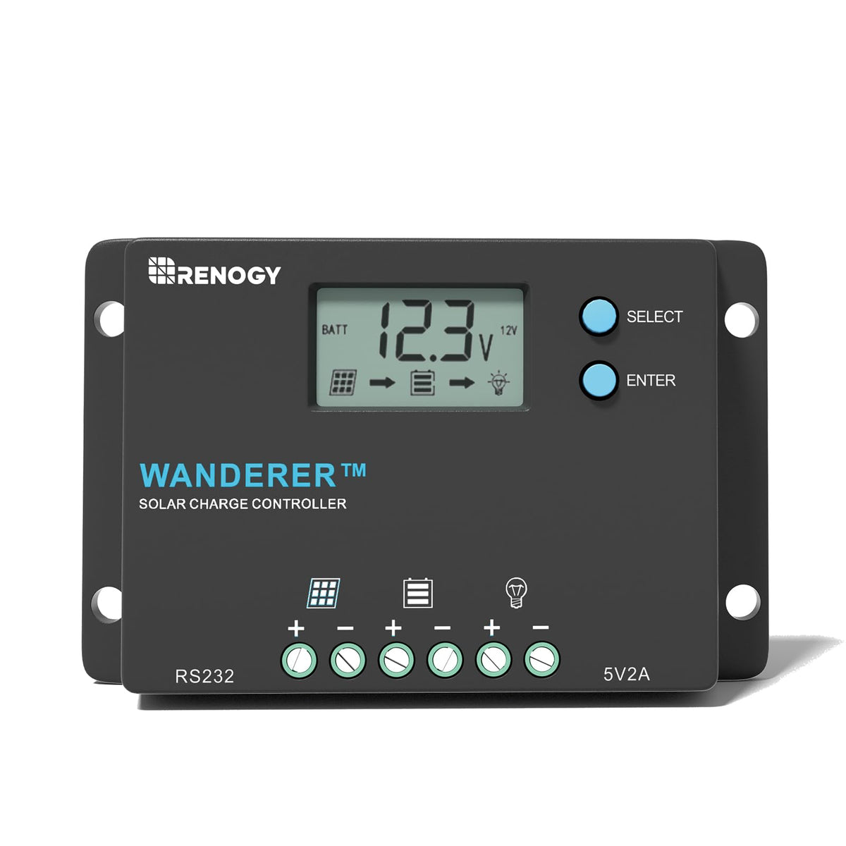 Renogy Wanderer 10A controller front view for RV installation