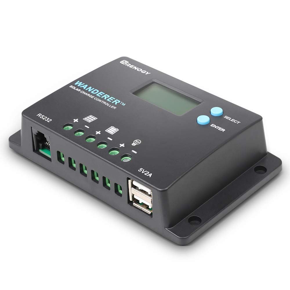 Renogy Wanderer 10A LCD display shows real-time charging metrics for quick off-grid checks.