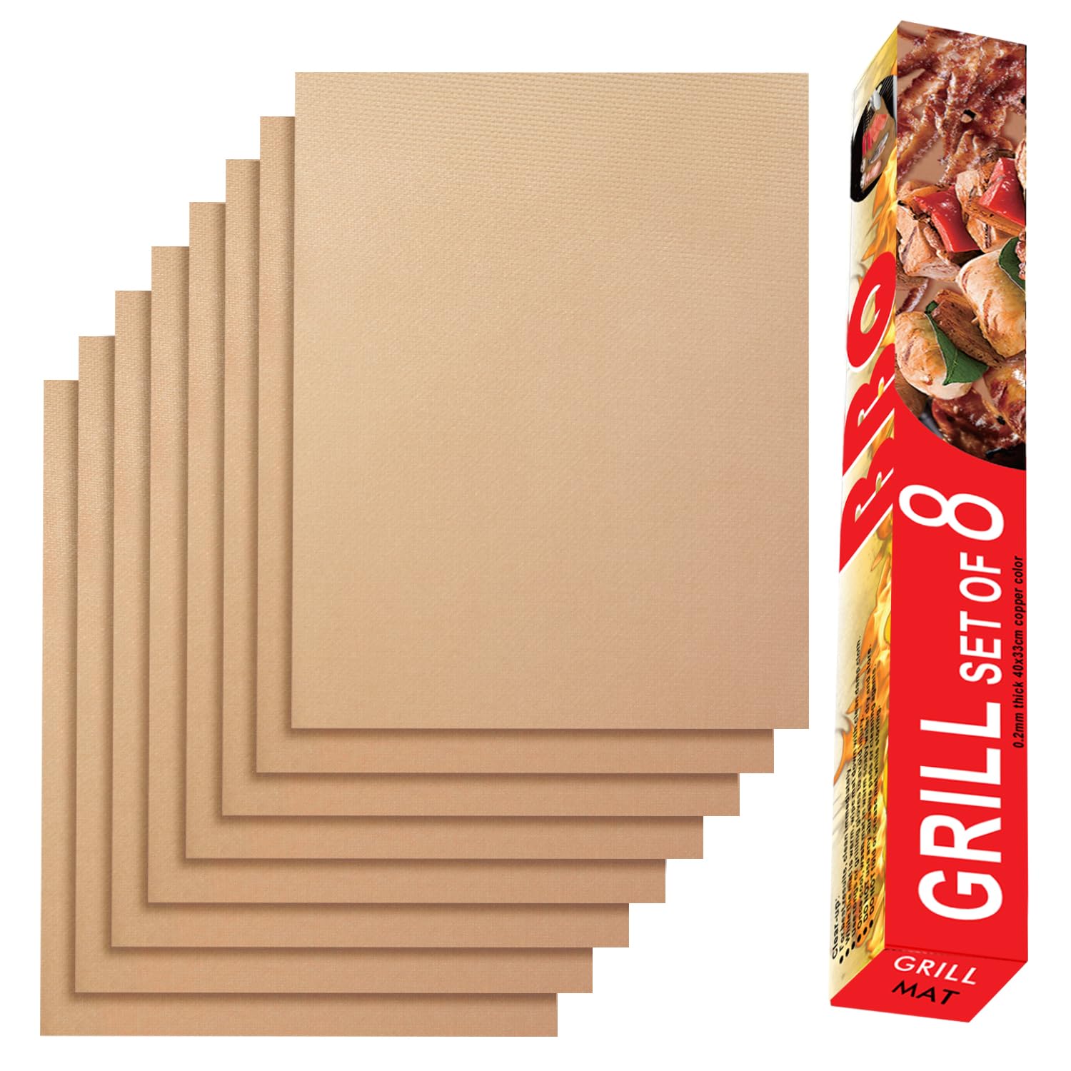 Renook copper grill mat 8-pack stacked for compact storage and multipurpose use.