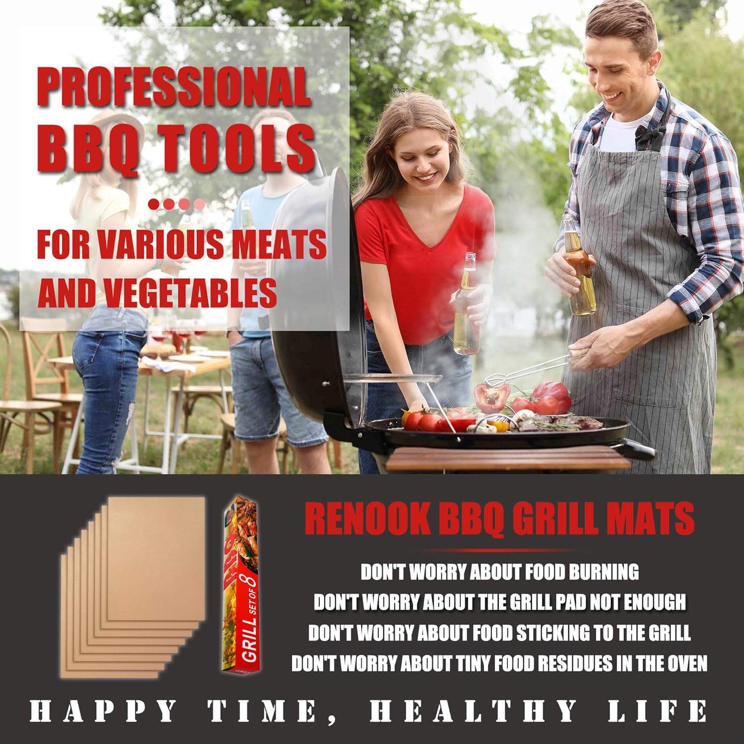 Renook copper grill mat on gas grill showcasing grill-friendly non-stick performance.