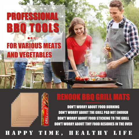 Renook copper grill mat on gas grill showcasing grill-friendly non-stick performance.