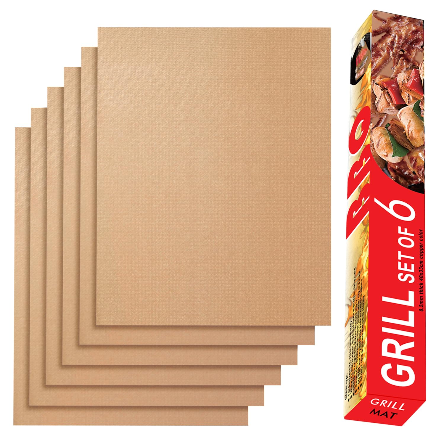 Renook copper grill mats 6-pack on a grill for clean searing and easy release