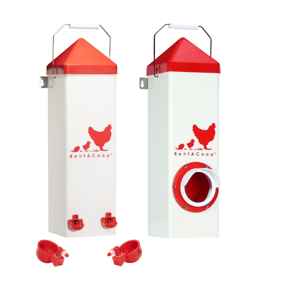 RentACoop twin cup waterer and feeder front view highlights space-saving design.