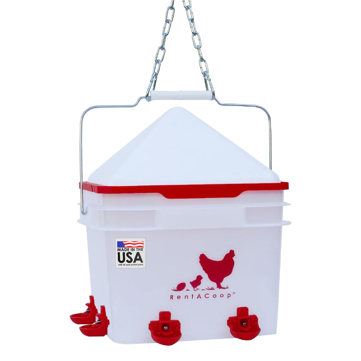 RentACoop 2-gallon waterer in corner placement for accessible drinking water