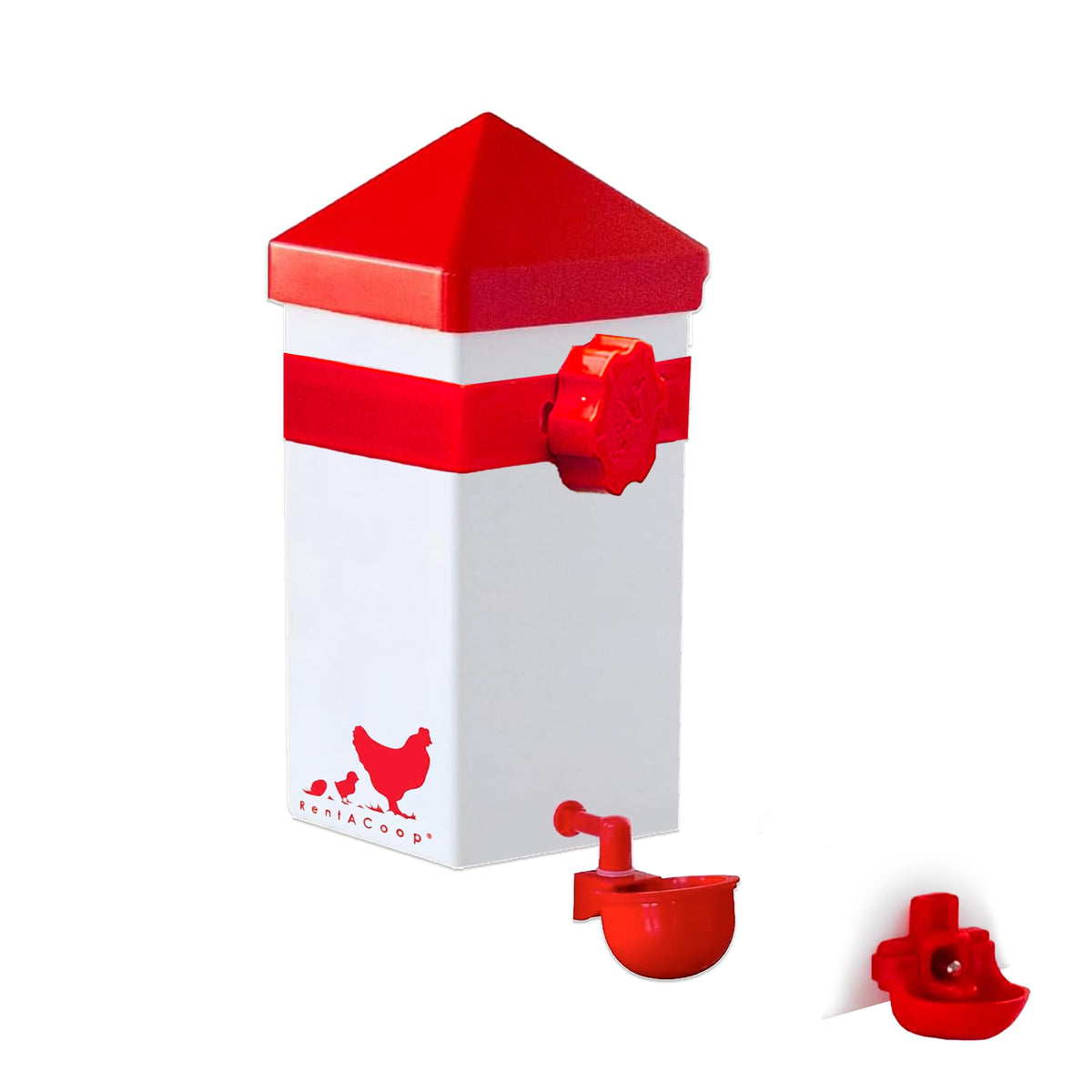 RentACoop 32oz Automatic Drinker with clear reservoir for steady chick hydration.