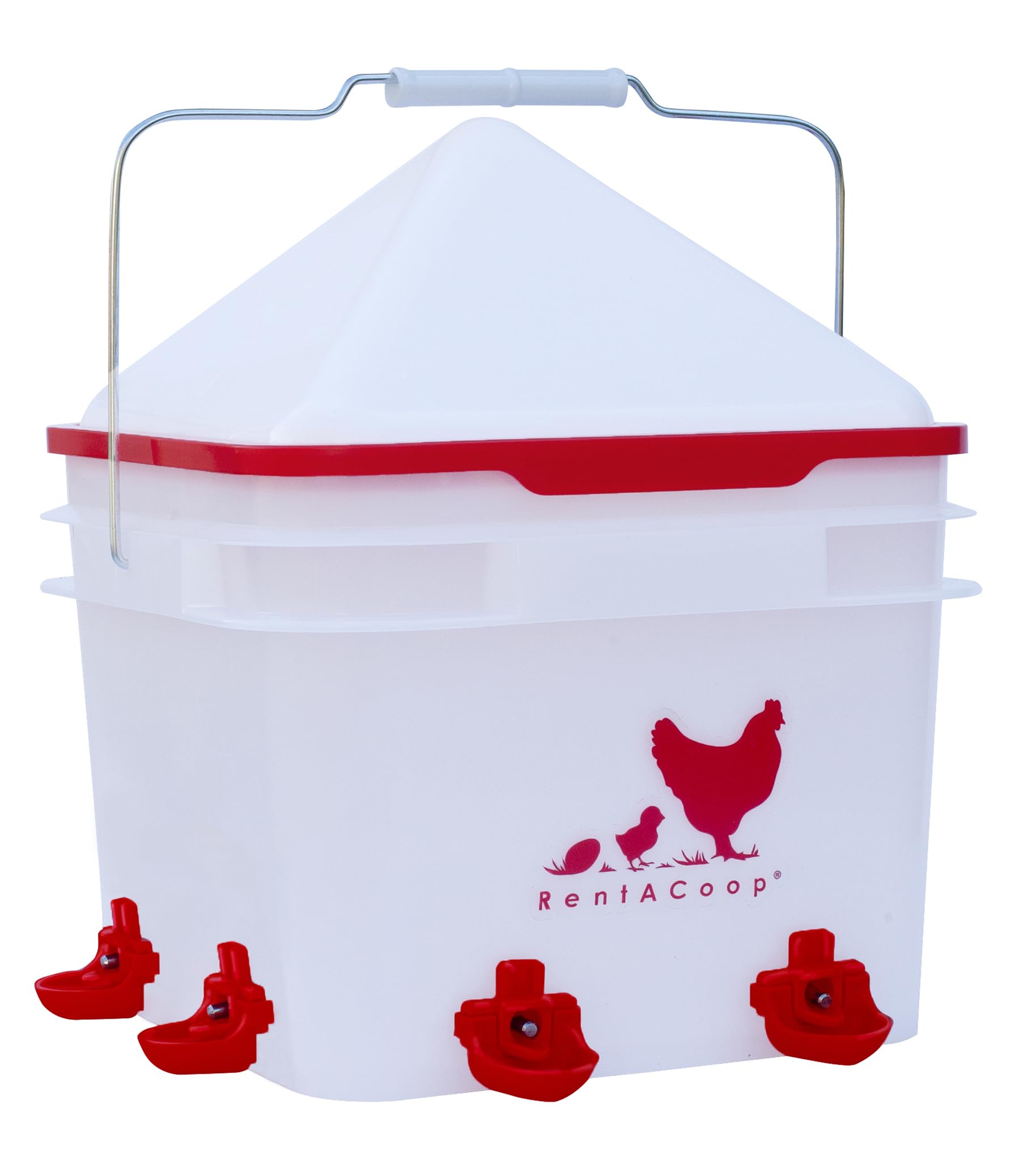 RentACoop waterer with four nipples and dribble dishes reduces coop mess