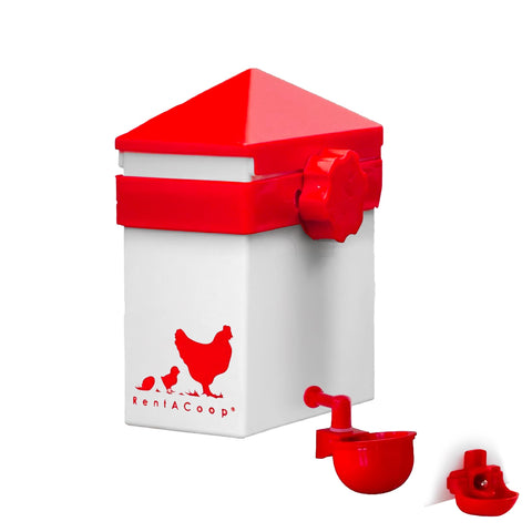 RentACoop 64oz automatic drinker cap and lid for quick refills.